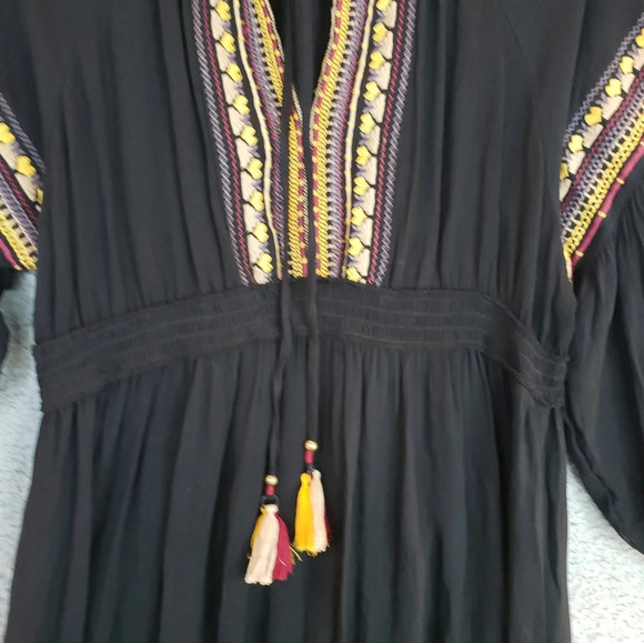 Nostalgia Black Rayon Embroidered Tassel Elastic Waist & Wrist Short Dress Sz L - Picture 3 of 11